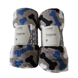 Lot Of 2-Gray Dog Bone Throw BLANKET Blue Black White Soft Lightweight  50X 60"